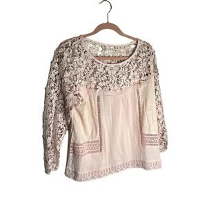 Guest Editor Floral Lace Blouse 3/4 Sleeve Crew Neck Gauze Pink Womens Large NWT